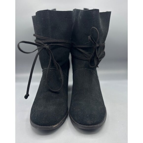 Toms Mila Black‎ Suede Ankle Boots Chunky Heel Size 8.5 Wrap Around - Picture 2 of 7